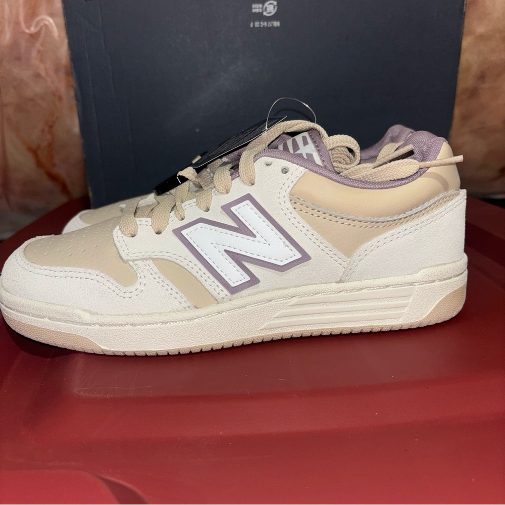 New Balance 480 Cream & Mauve Low-Top Sneaker - Picture 3 of 8